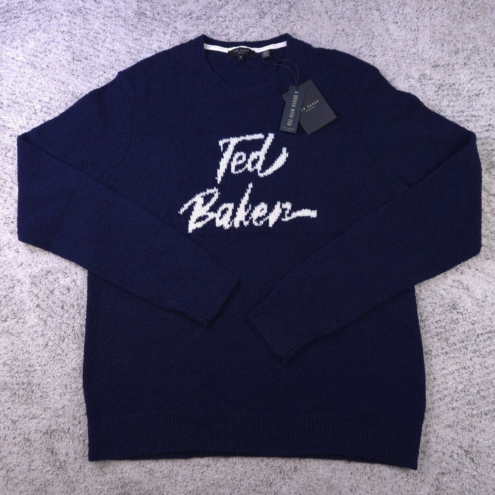 Ted Baker Sweater Mens Size 5 Pullover Signature Logo Crew Neck Blue Wool Blend - Picture 2 of 10